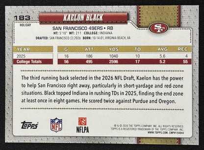 Kaelon Black 2026 Topps Holiday Light Blue and White Glitter 49ers | San Francisco 49ers Sports Trading Card