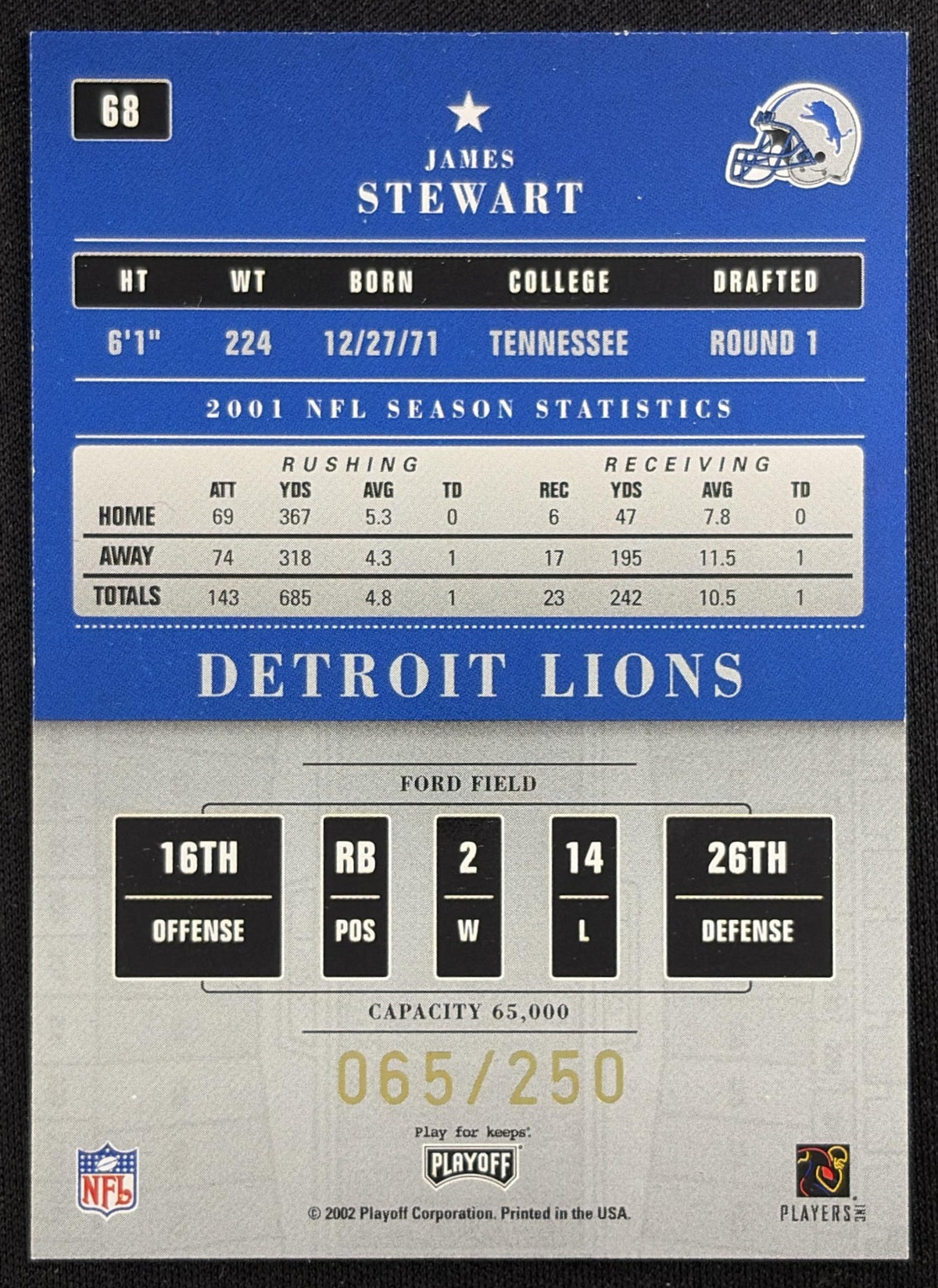 James Stewart 2002 Playoff Contenders Championship Ticket /250 Lions