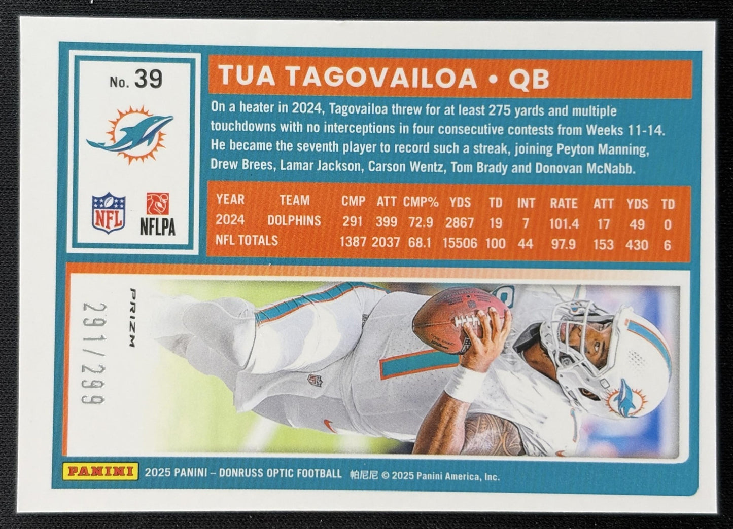 Tua Tagovailoa 2025 Panini Donruss Optic Orange Prizm /299 Dolphins Sports Trading Cards