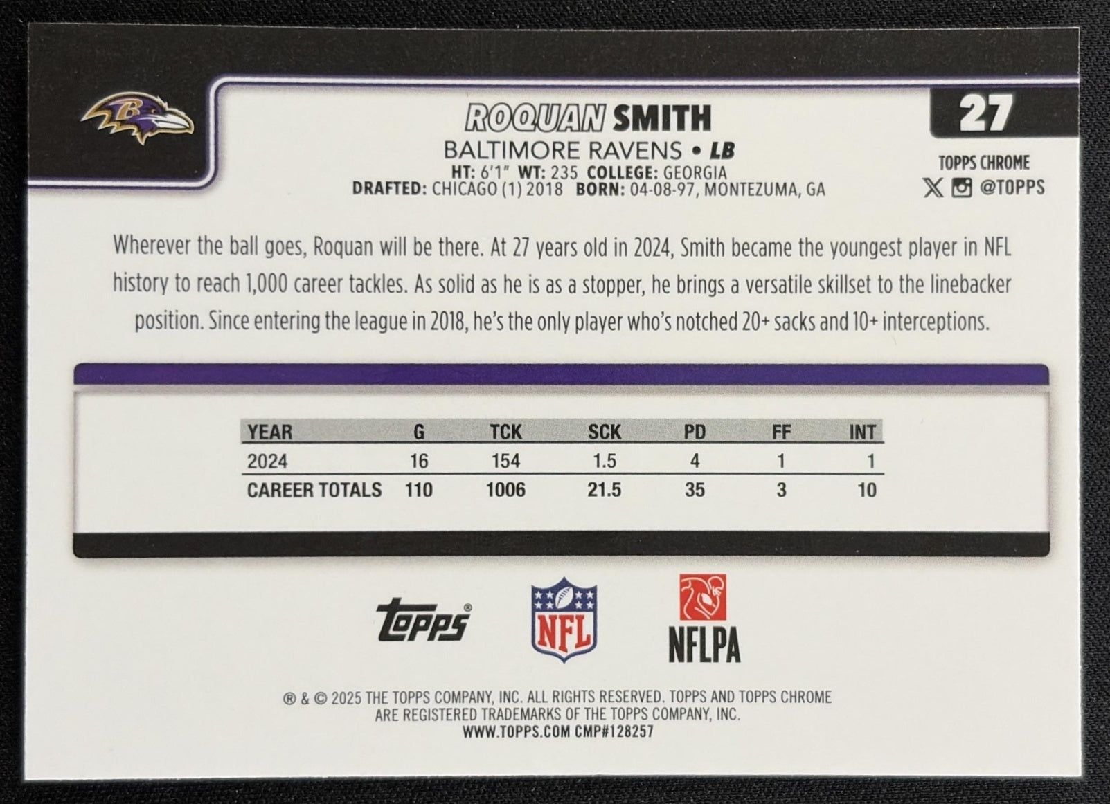 Roquan Smith 2025 Topps Chrome RayWave Refractor Ravens