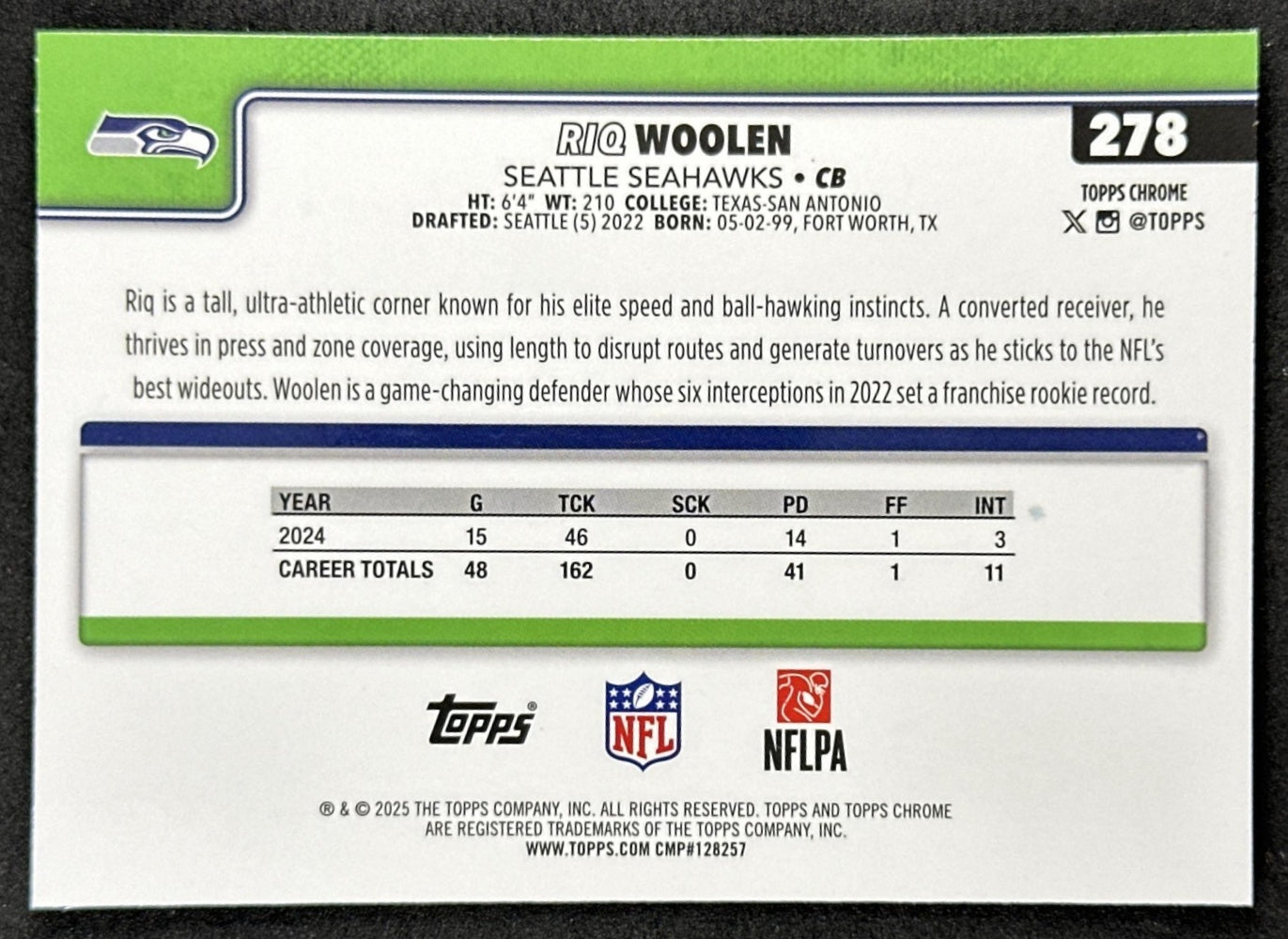 Riq Woolen 2025 Topps Chrome Sapphire Seahawks Sports Trading Card