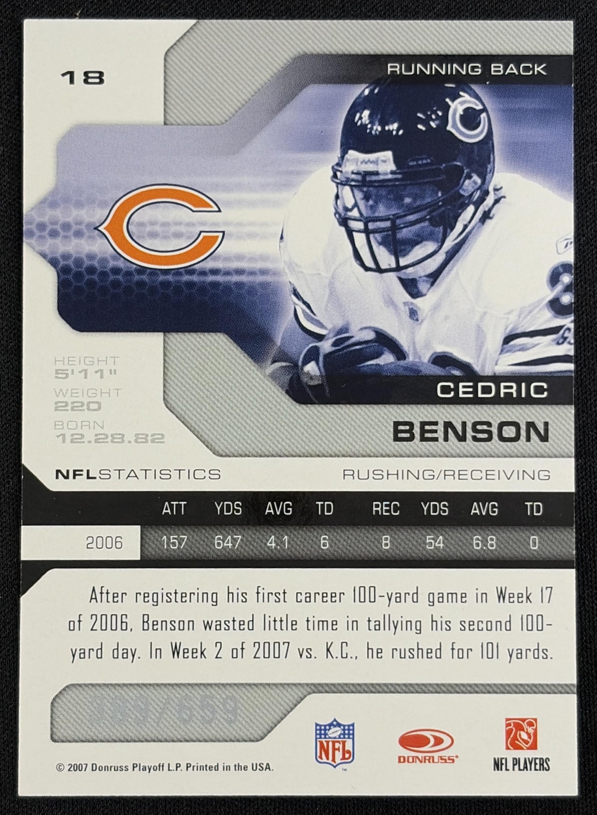 Back of Cedric Benson 2007 Leaf Limited /659 Bears sports trading card