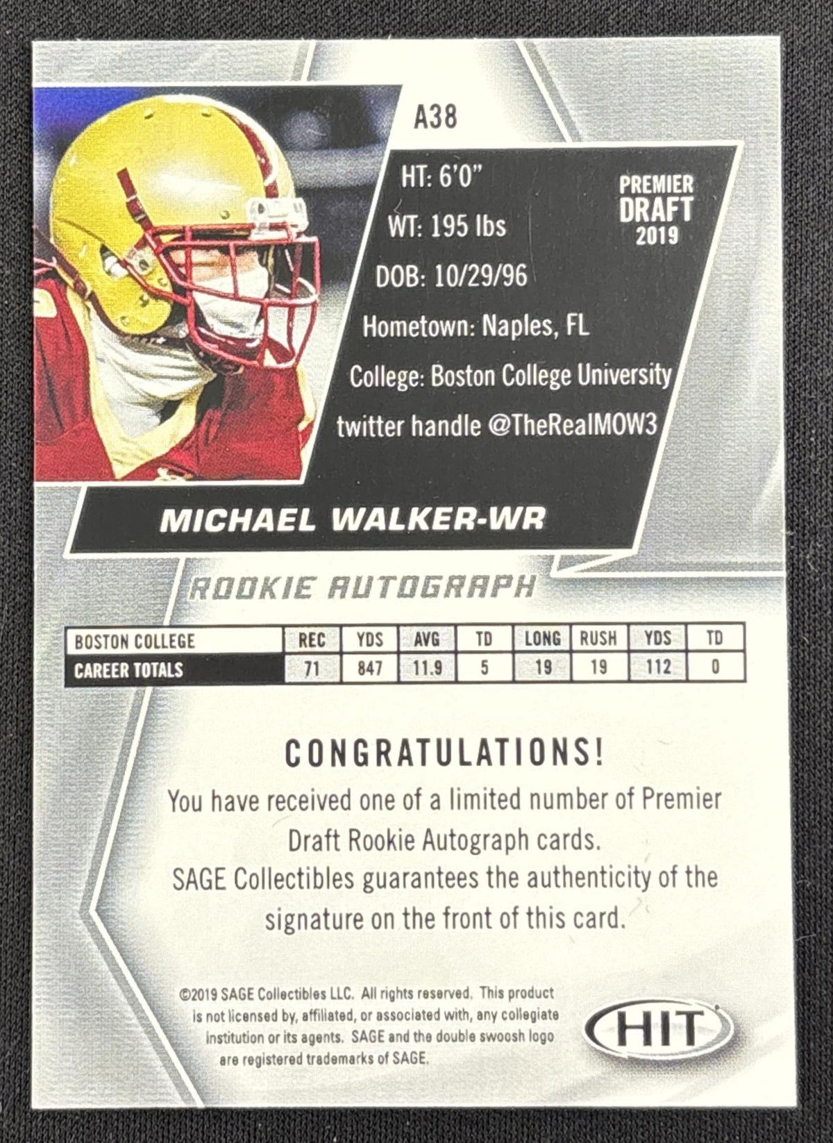 Michael Walker 2019 SAGE HIT Auto