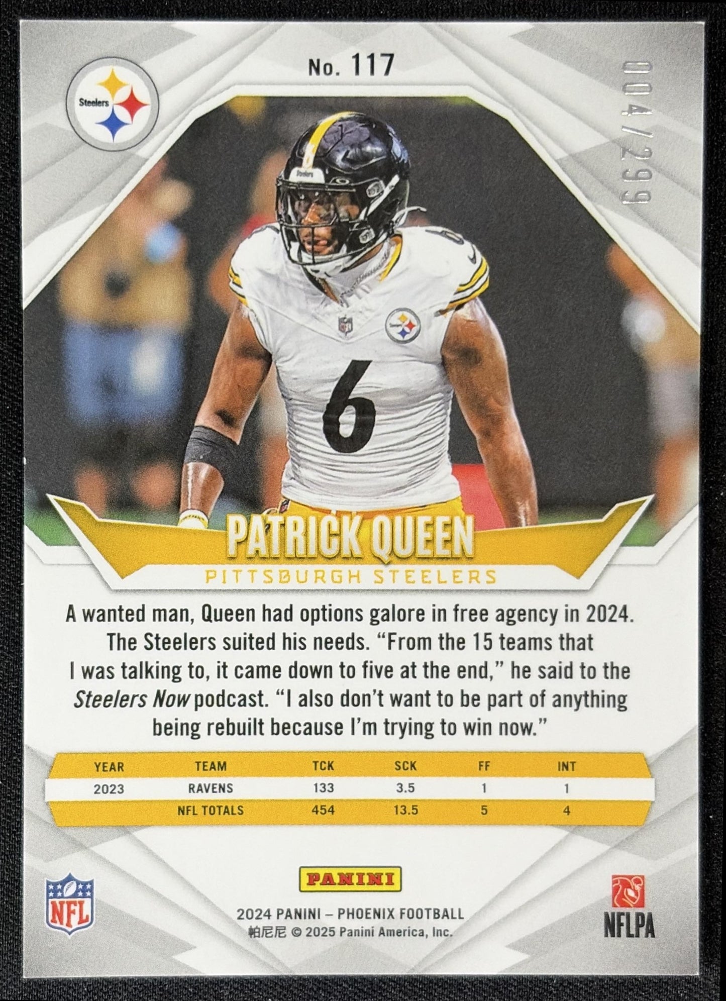 Patrick Queen 2024 Panini Phoenix Red Fade /299 Steelers
