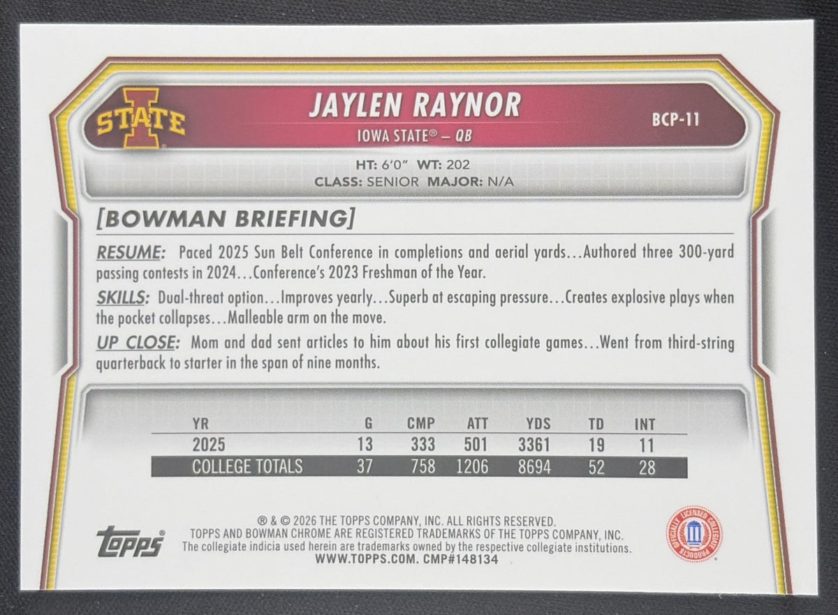Jaylen Raynor 2026 Bowman Chrome Prospects Speckle Refractor Cyclones