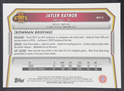 Jaylen Raynor 2026 Bowman Chrome Prospects Speckle Refractor Cyclones