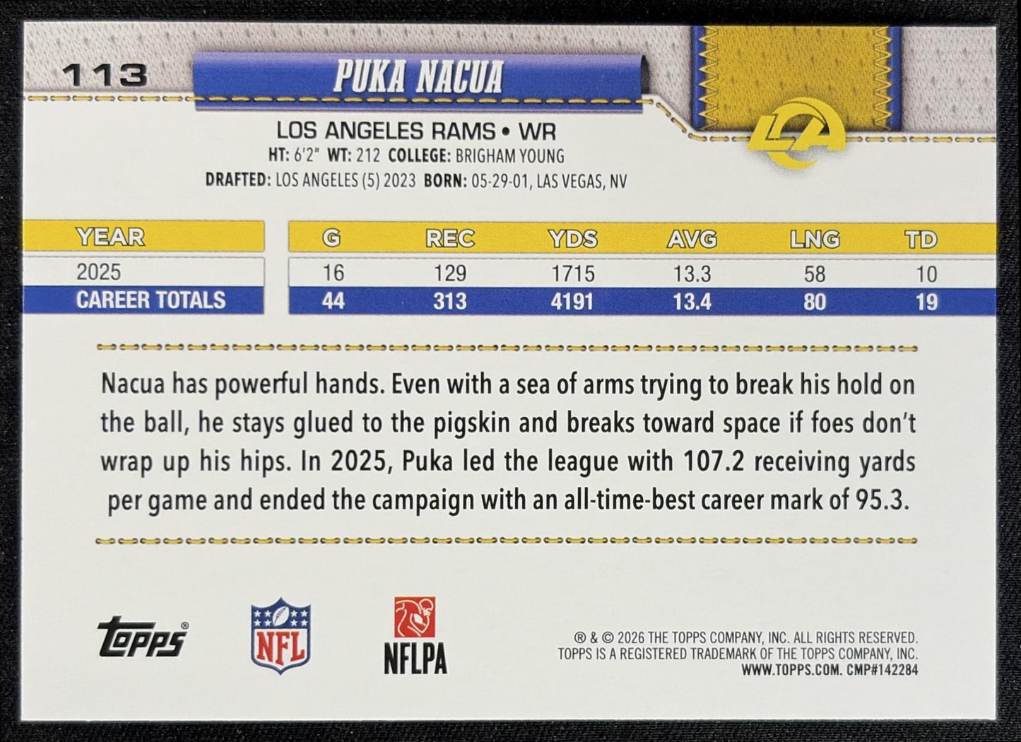 Puka Nacua 2026 Topps Sandglitter Rams back