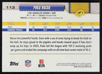 Puka Nacua 2026 Topps Sandglitter Rams back