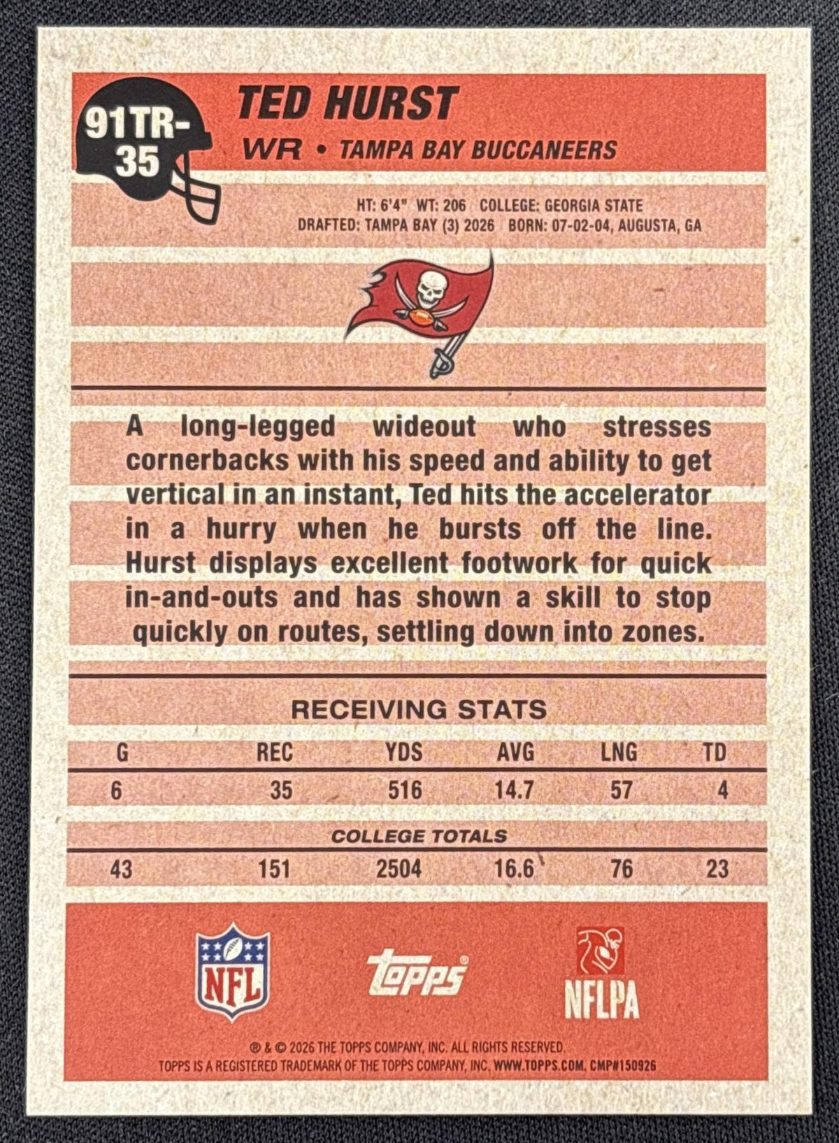 Ted Hurst 2026 Topps 1991 Rookie Pink /1000 Buccaneers