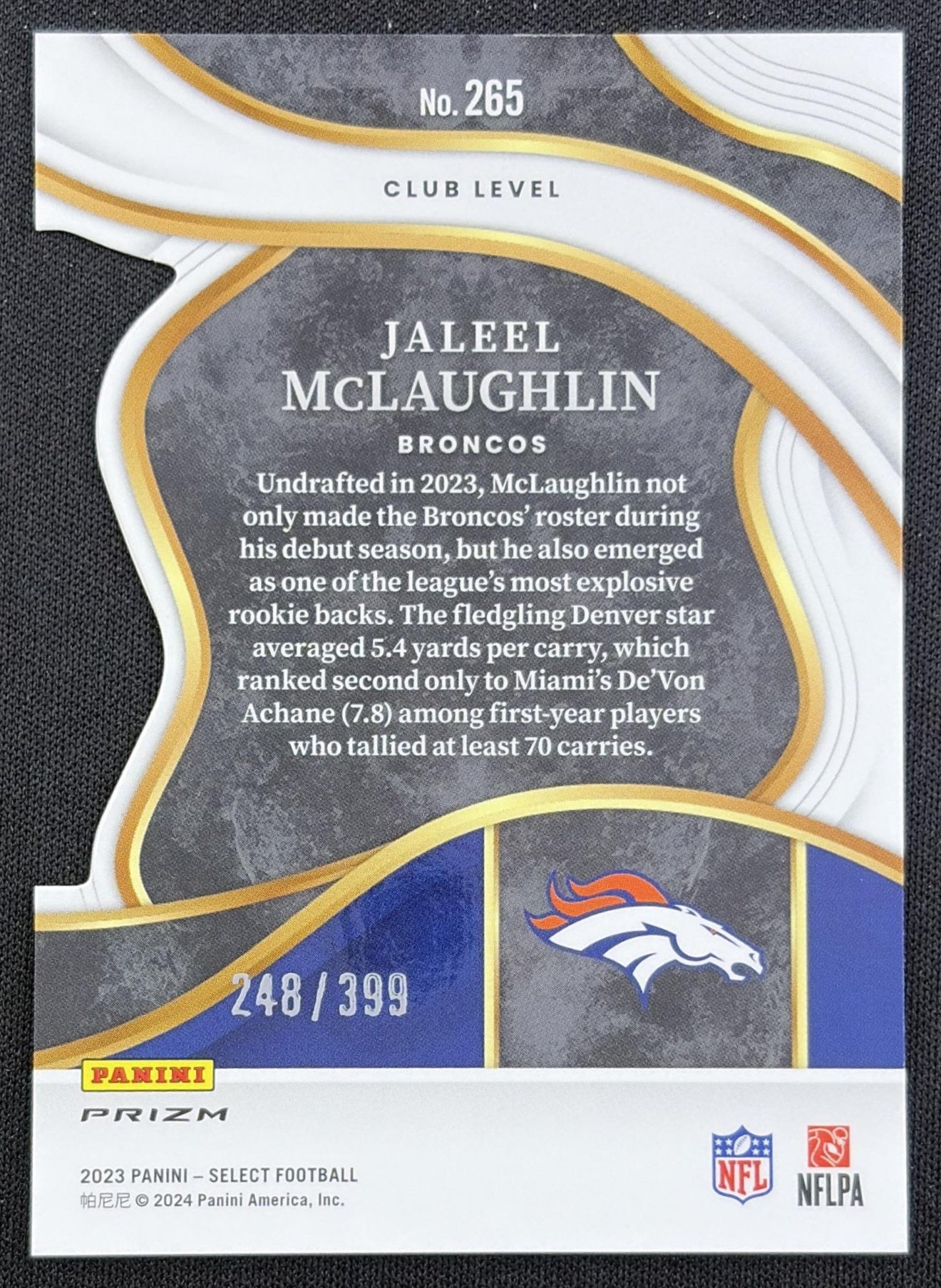 Jaleel McLaughlin 2023 Panini Select Orange Prizms Die Cut /399 Broncos