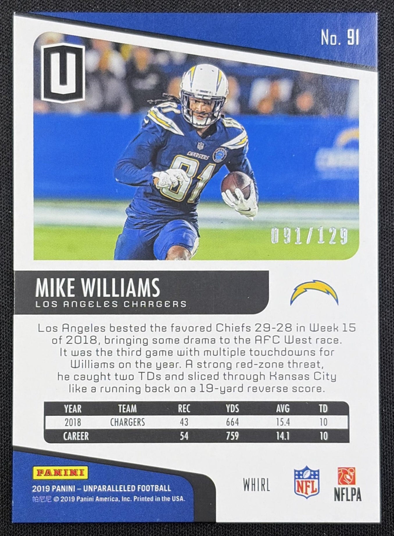 Mike Williams 2019 Panini Unparalleled Whirl /129 Chargers