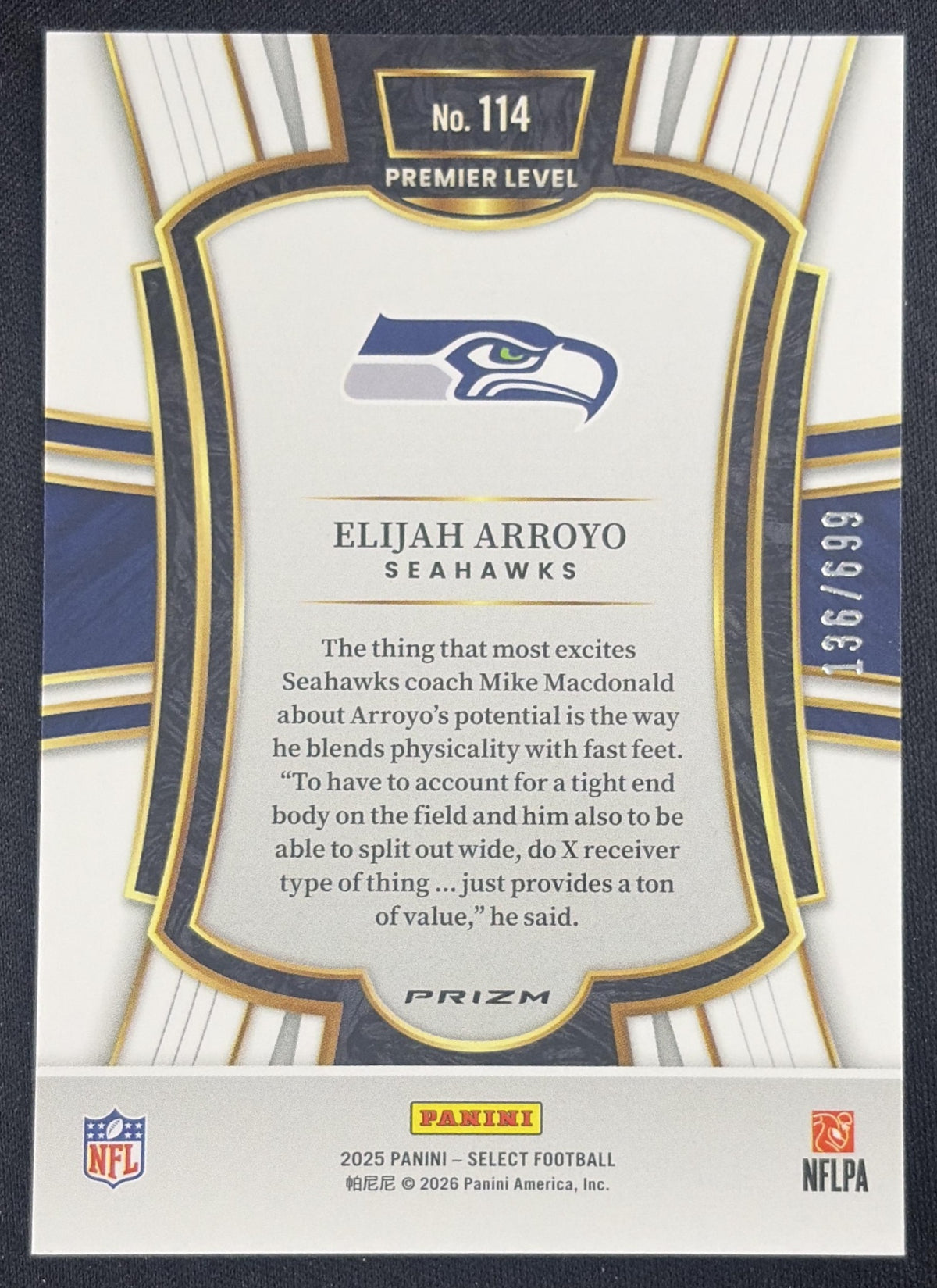 Elijah Arroyo 2025 Panini Select Premier Level Purple Prizm Shock /699 Seahawks