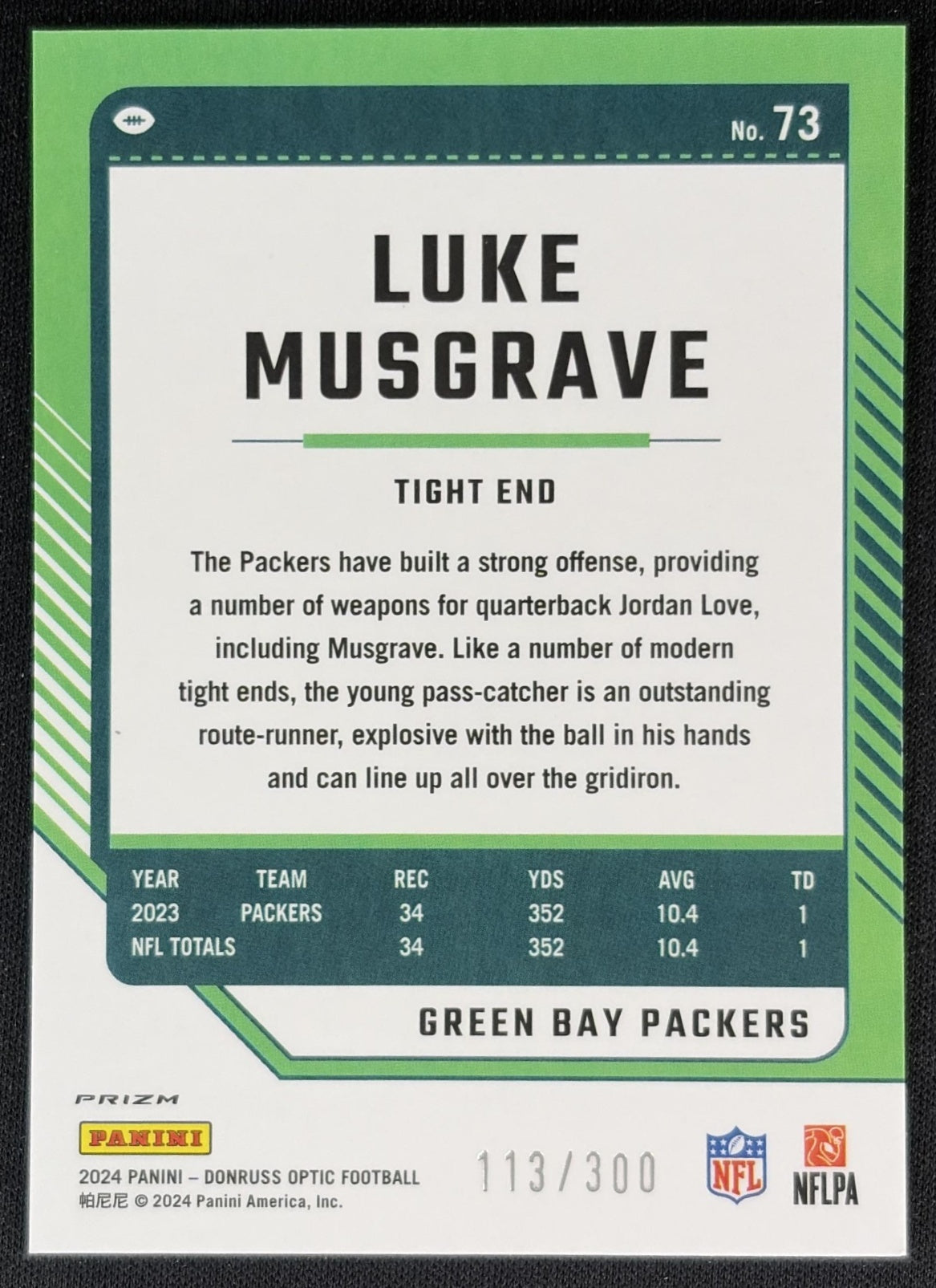 Luke Musgrave 2024 Panini Donruss Optic Wave /300 Packers Back