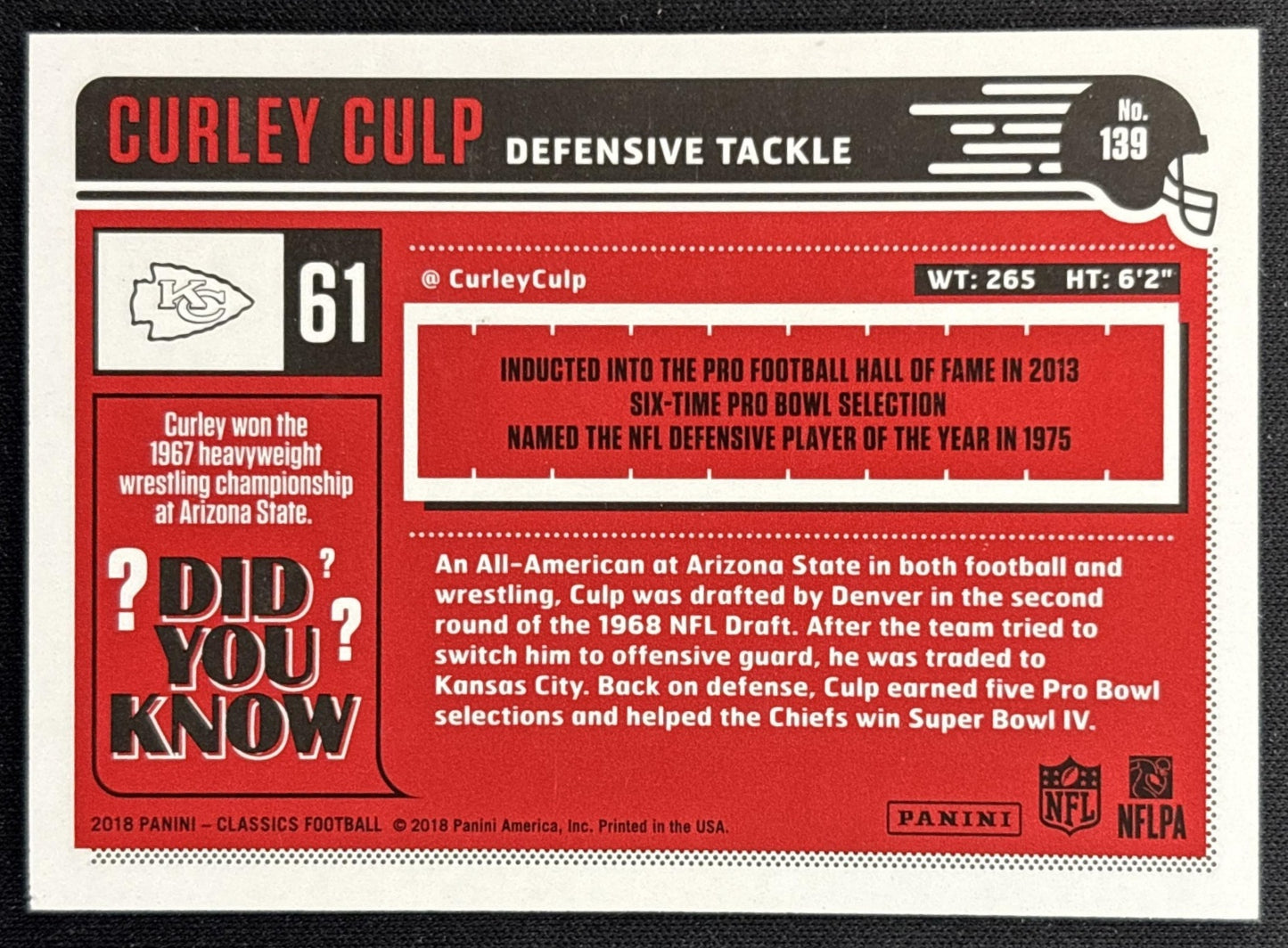Curley Culp 2018 Panini Classics Red Back /299 Chiefs back