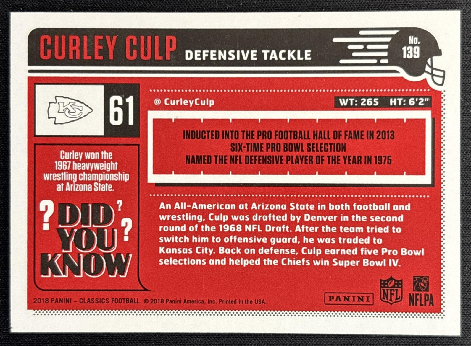 Curley Culp 2018 Panini Classics Red Back /299 Chiefs back