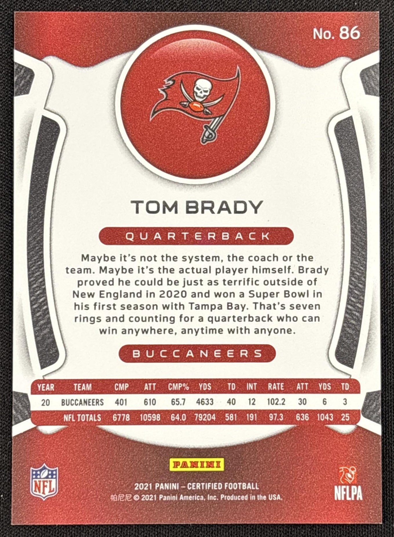 Tom Brady 2021 Panini Certified Mirror Orange /149 Buccaneers - back