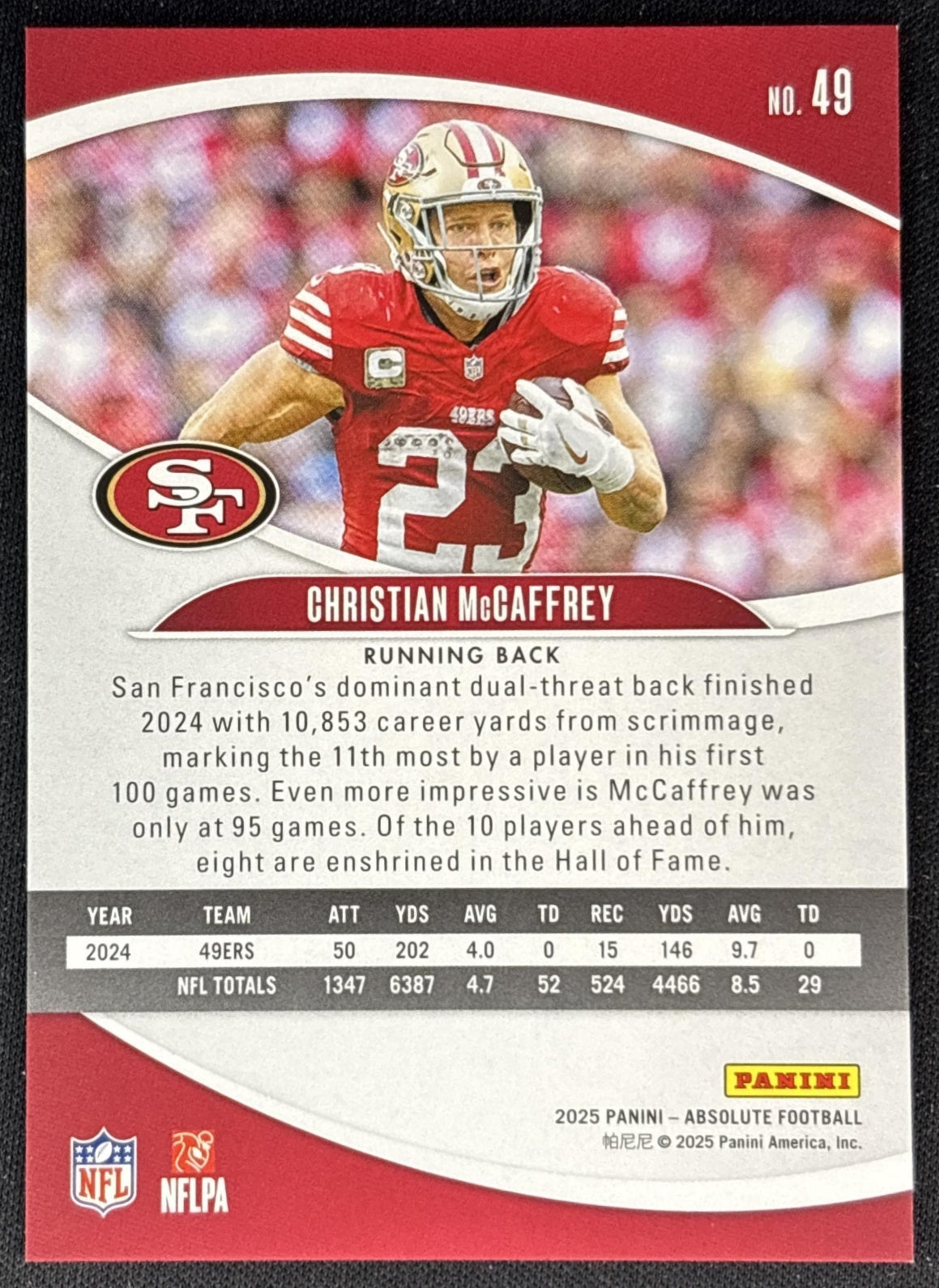 Christian McCaffrey 2025 Panini Absolute Red Squares /850 49ers back