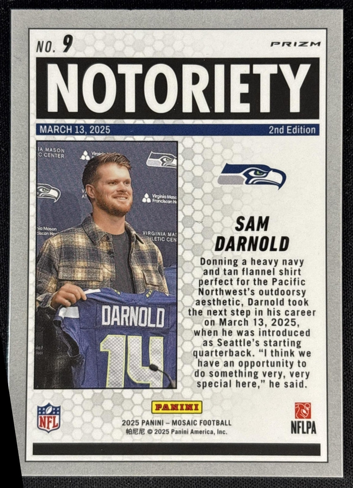Sam Darnold 2025 Panini Mosaic Notoriety Green Prizm Seahawks