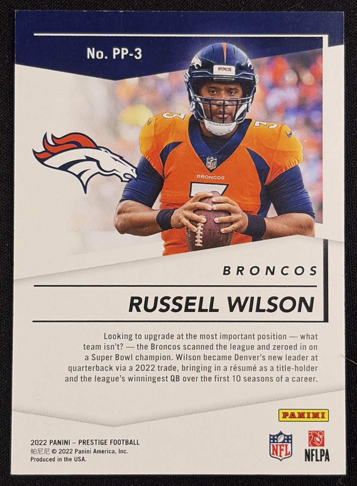 Russell Wilson 2022 Panini Prestige Prestigious Pros Xtra Points Blue /299 Broncos - back