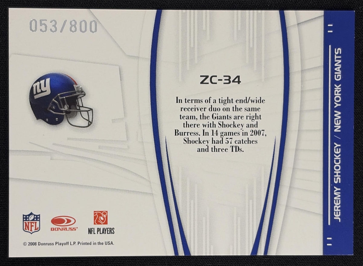 Back of Jeremy Shockey 2008 Donruss Elite Zoning Commission Gold /800 Giants sports trading card