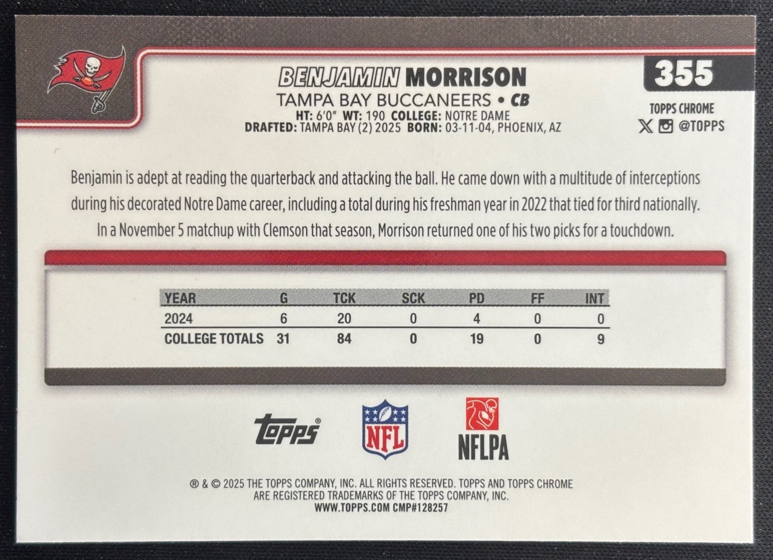 Benjamin Morrison 2025 Topps Chrome Rookie Neon Pulse Refractor Buccaneers Sports Trading Cards