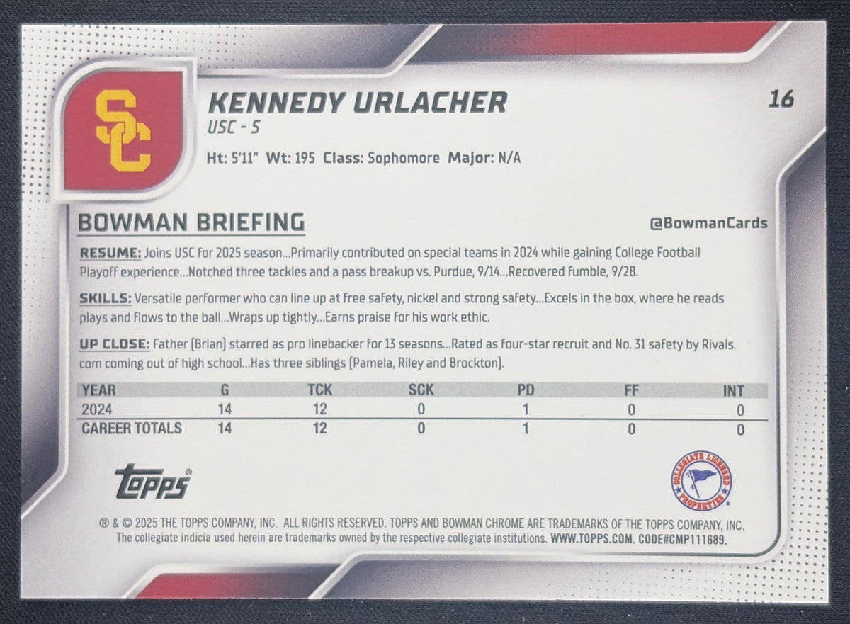 Kennedy Urlacher 2025 Bowman Chrome University Prospects Lime Green Refractor /275 Trojans