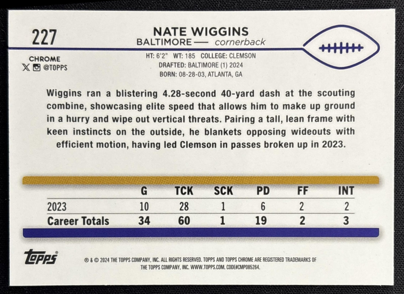 Nate Wiggins 2024 Topps Chrome Pink Refractor Ravens back
