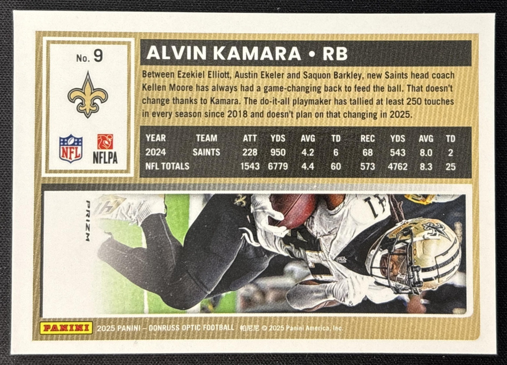 Alvin Kamara 2025 Panini Donruss Optic Fire Prizm Saints Sports Trading Cards