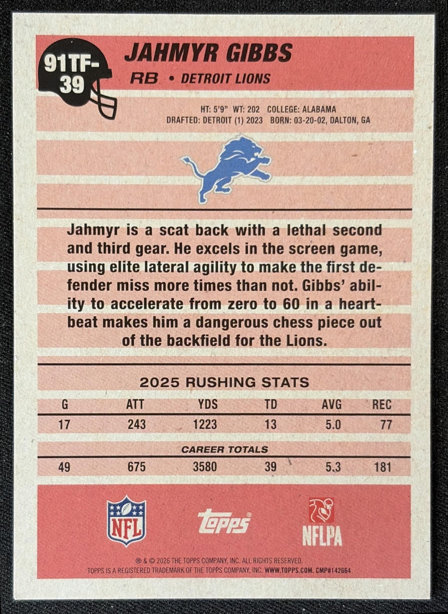 Jahmyr Gibbs 2026 Topps 1991 Lions back