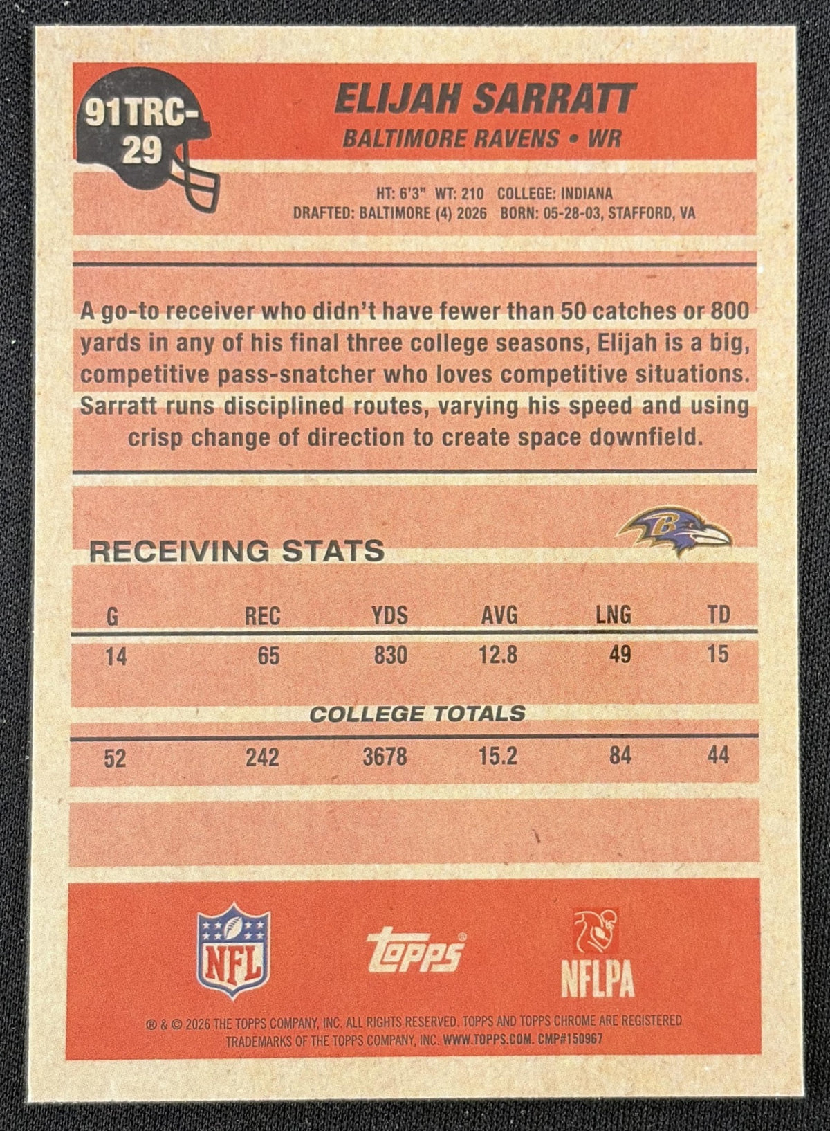 Elijah Sarratt 2026 Topps 1991 Chrome Rookie Mojo Refractor Ravens back