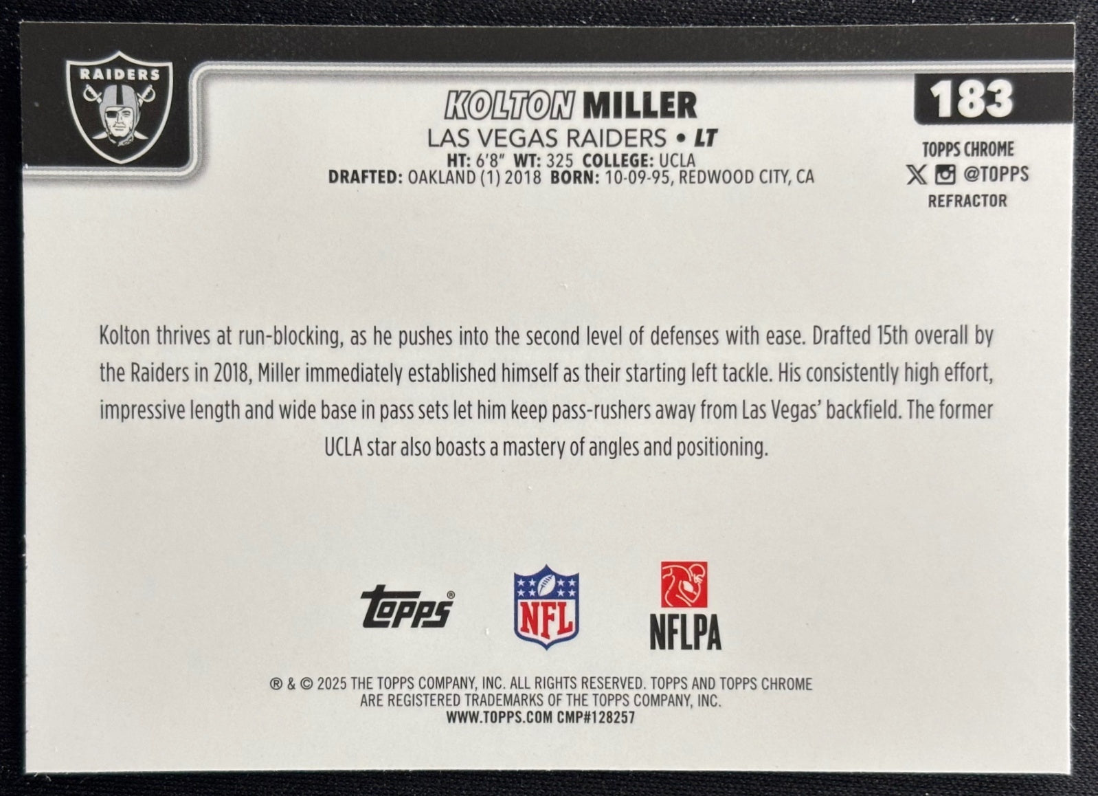 Kolton Miller 2025 Topps Chrome Refractor Raiders Sports Trading Cards