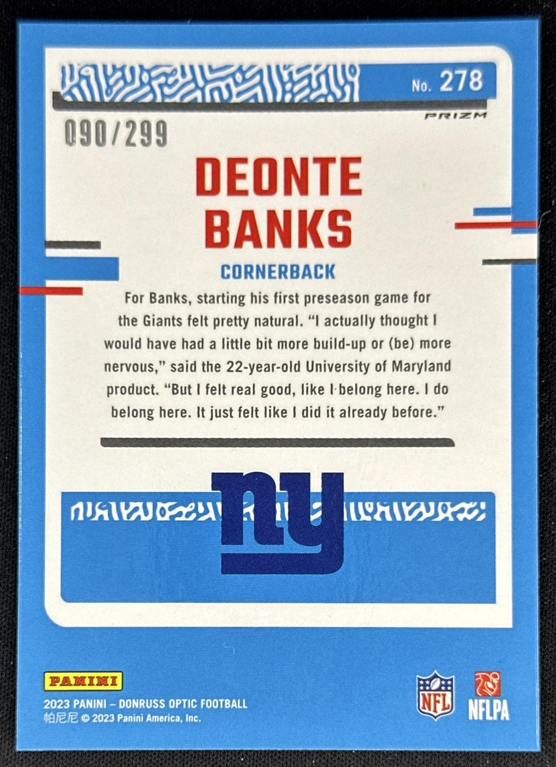 Deonte Banks 2023 Panini Donruss Optic Aqua Prizm /299 Giants back