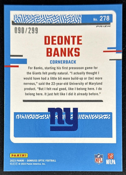 Deonte Banks 2023 Panini Donruss Optic Aqua Prizm /299 Giants back