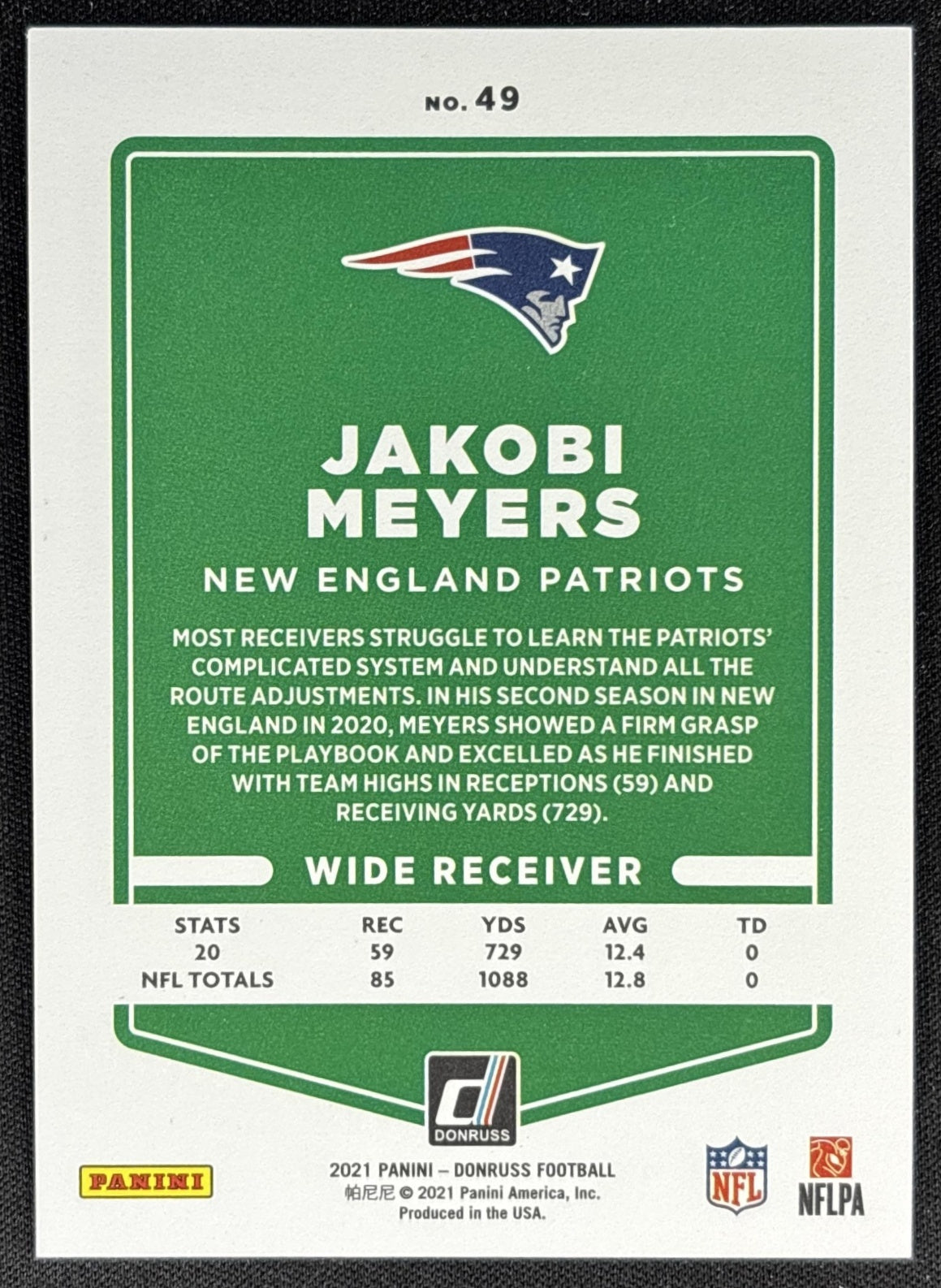 Jakobi Meyers 2021 Panini Donruss Press Proof Premium Patriots Sports Trading Card
