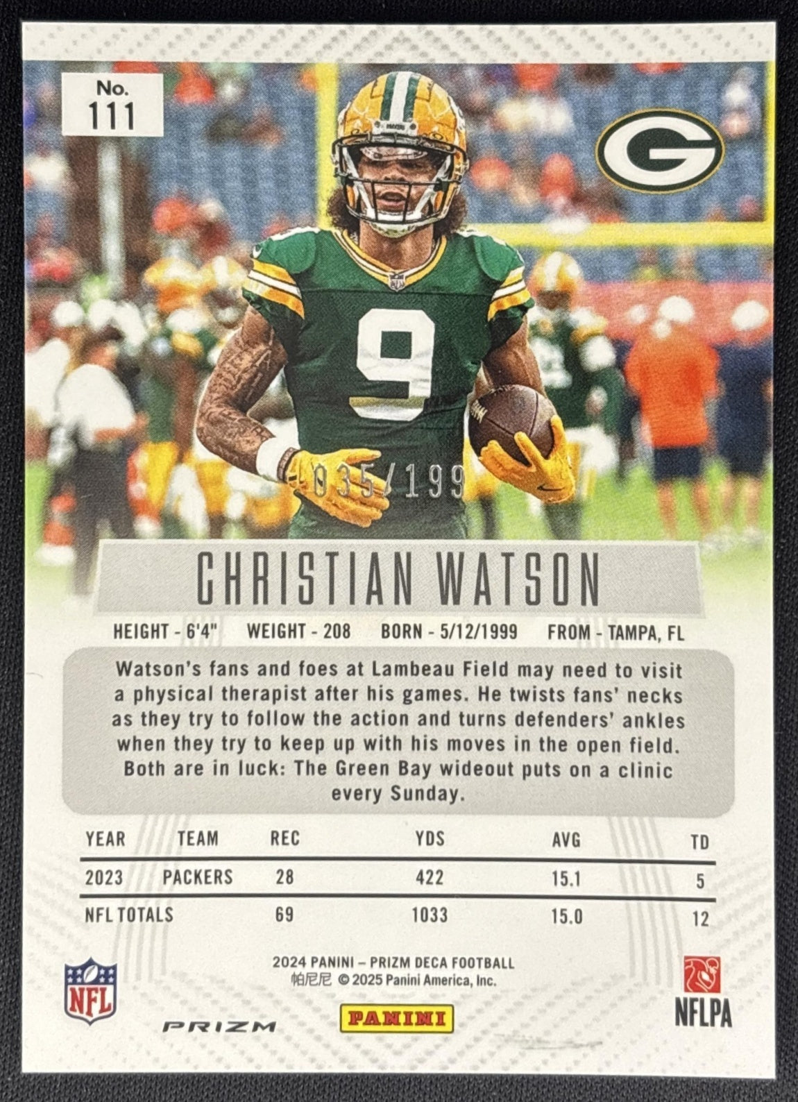 Christian Watson 2024 Panini Prizm Deca Red /199 Packers Sports Trading Cards