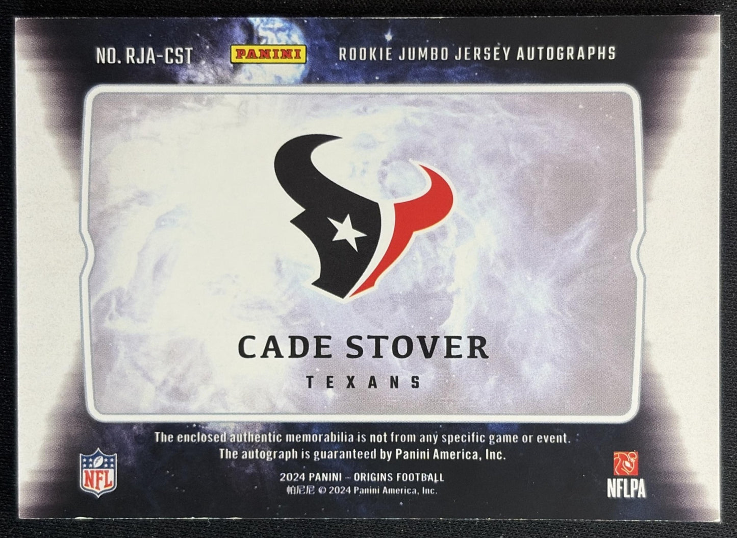 Cade Stover 2024 Panini Origins Rookie Jumbo Jersey Auto Orange Patch /75 Texans back
