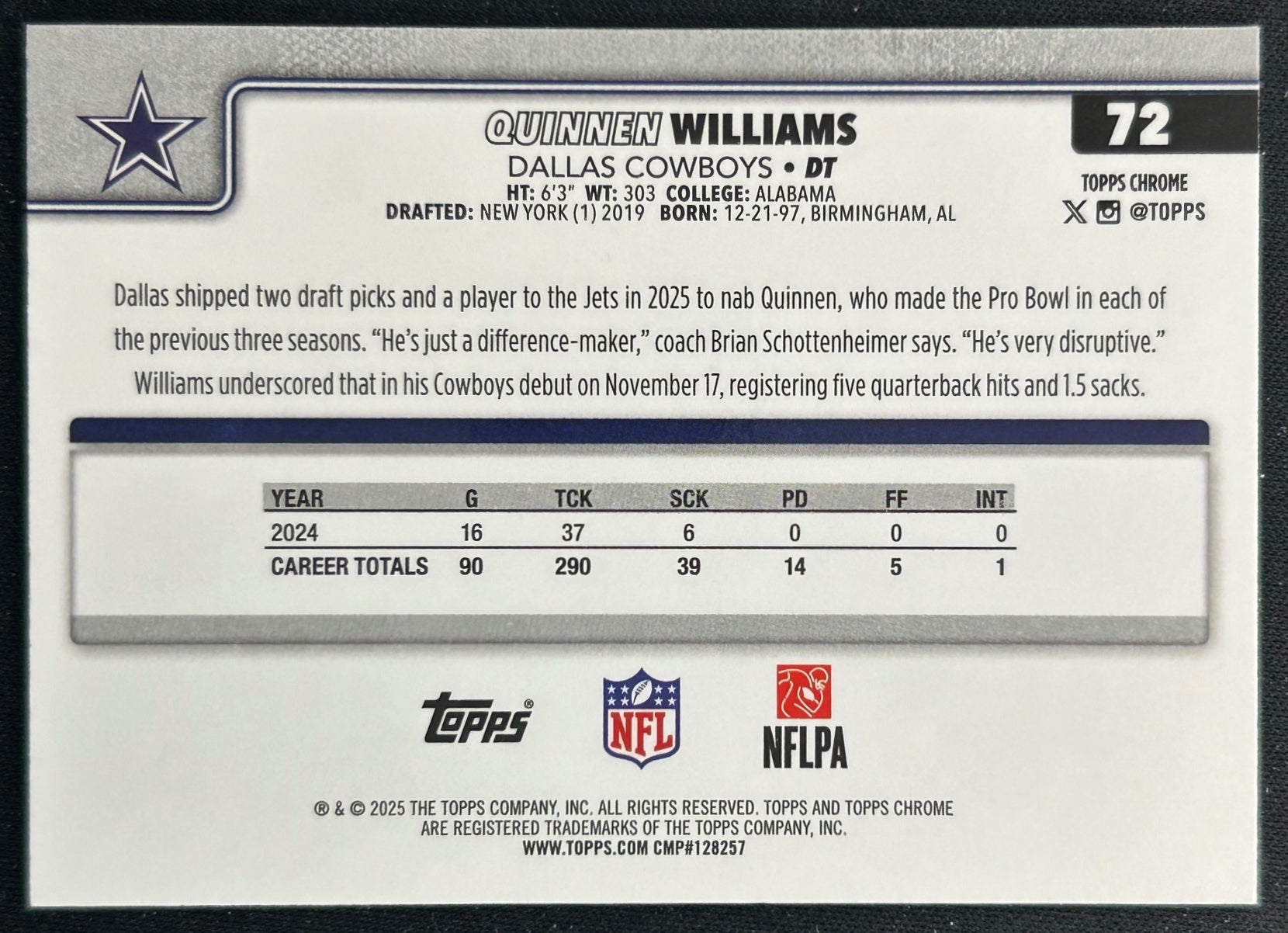 Quinnen Williams 2025 Topps Chrome Topps Logo Refractor Cowboys