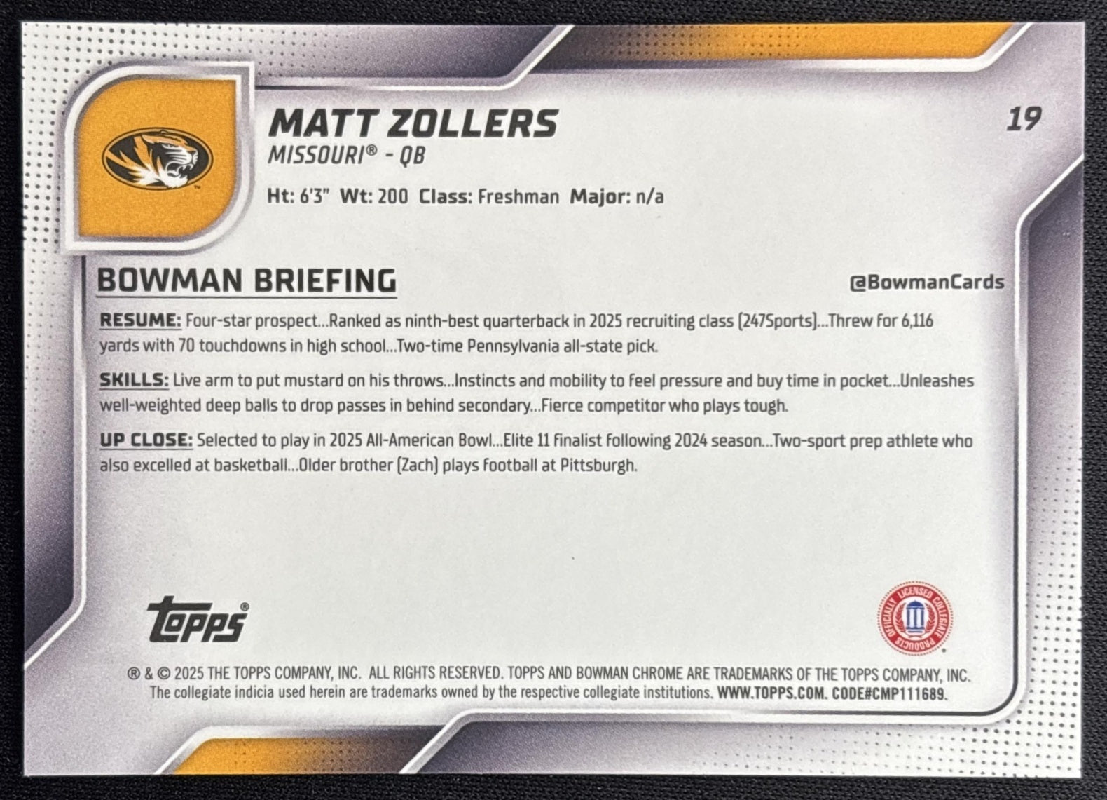 Matt Zollers 2025 Chrome University Prospects Orange Shimmer Refractor /25 Tigers Sports Trading Cards