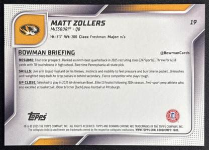 Matt Zollers 2025 Chrome University Prospects Orange Shimmer Refractor /25 Tigers Sports Trading Cards