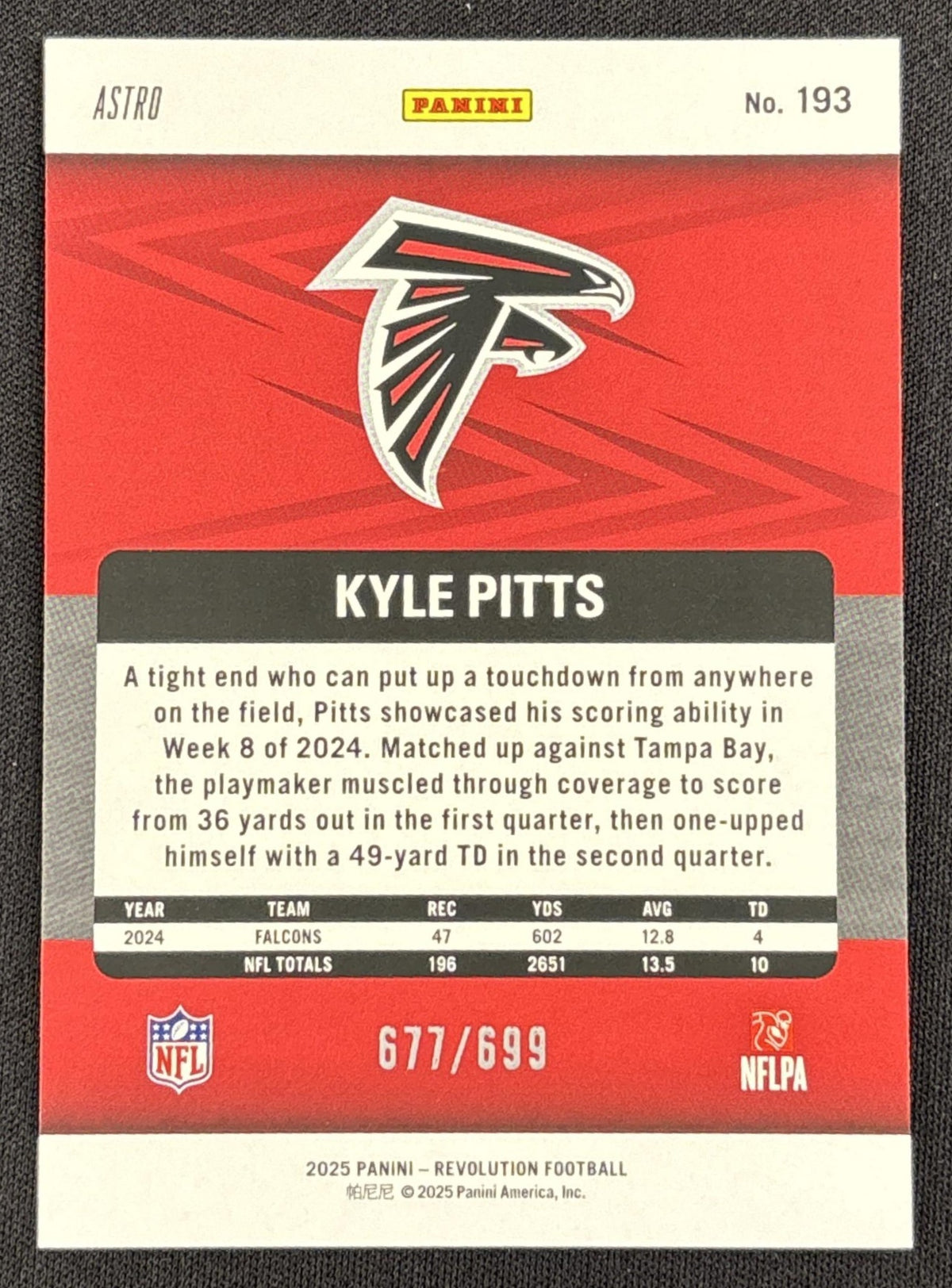 Kyle Pitts 2025 Panini Revolution Green Astro /699 Falcons
