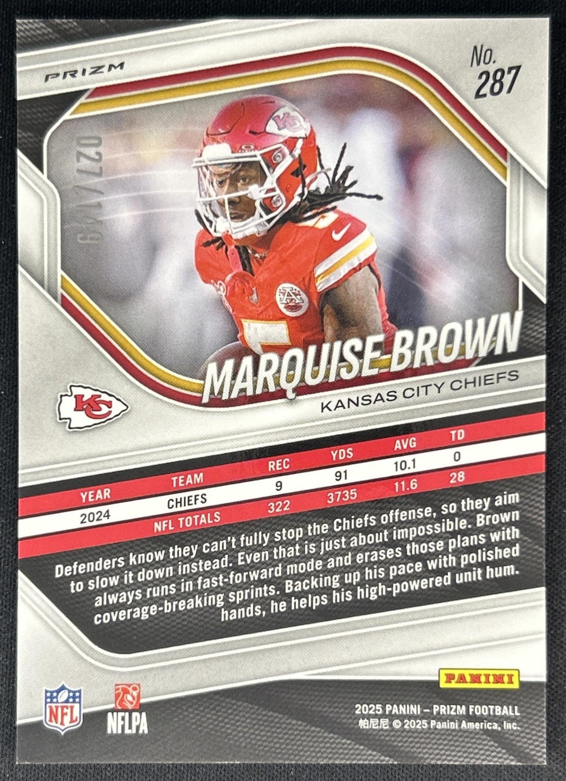 Marquise Brown 2025 Panini Prizm Red Wave /149 Chiefs back