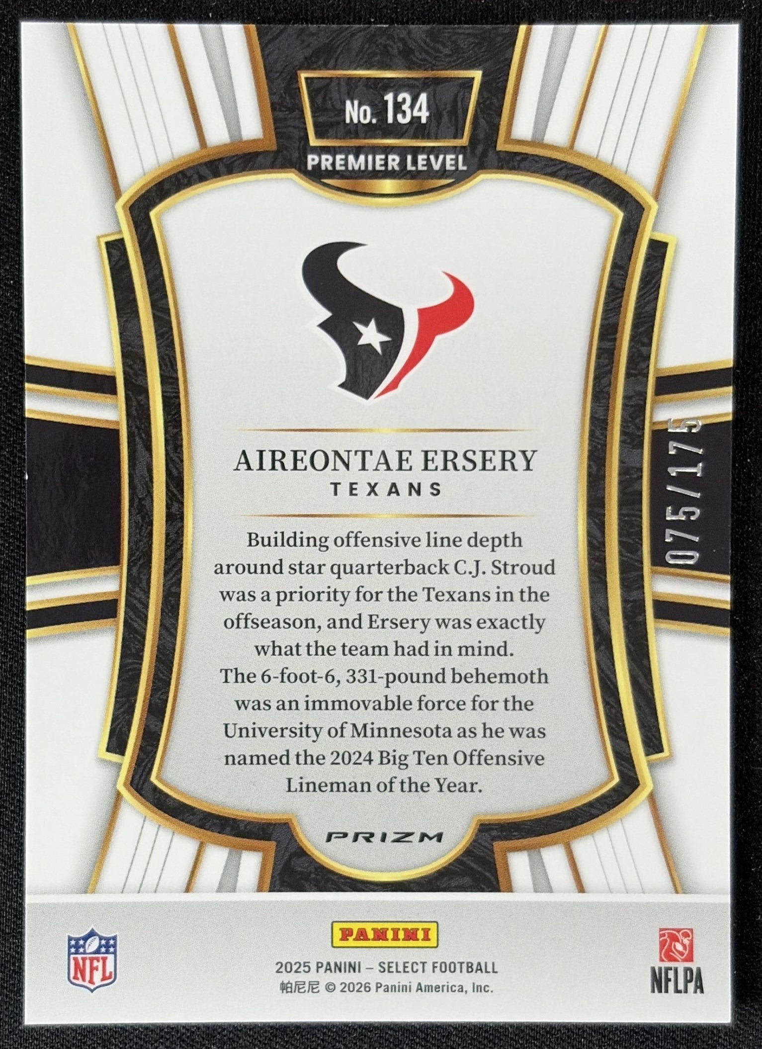 Aireontae Ersery 2025 Panini Select Premier Level Blue Prizm /175 Texans back