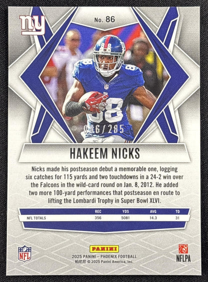 Hakeem Nicks 2025 Panini Phoenix Lime Green Pyramids Prizm /285 Giants