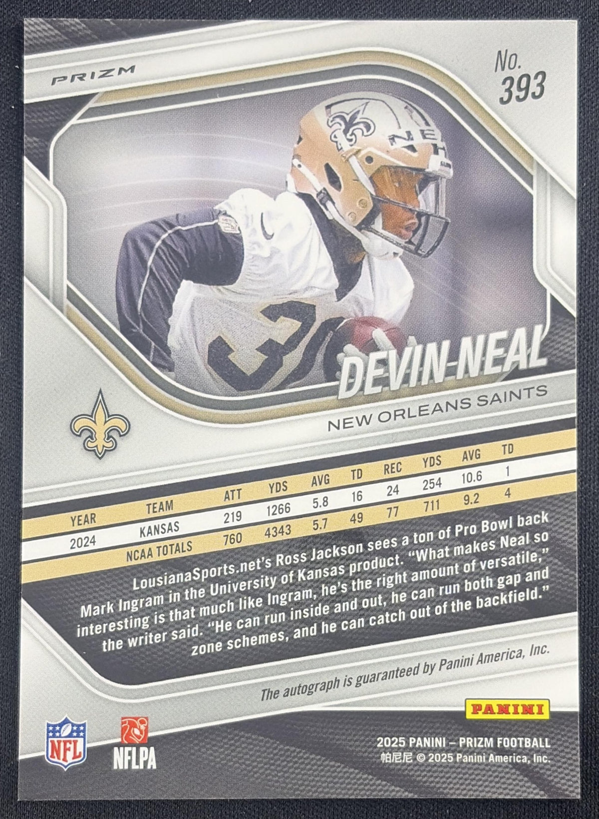 Devin Neal 2025 Panini Prizm Rookie Auto Silver Saints Sports Trading Card