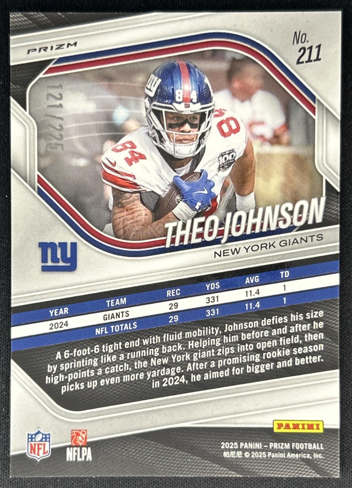 Theo Johnson 2025 Panini Prizm Purple Ice /225 Giants Back