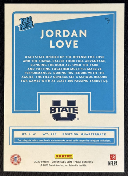 Jordan Love 2020 Panini Chronicles Draft Picks Donruss Rated Rookie Packers