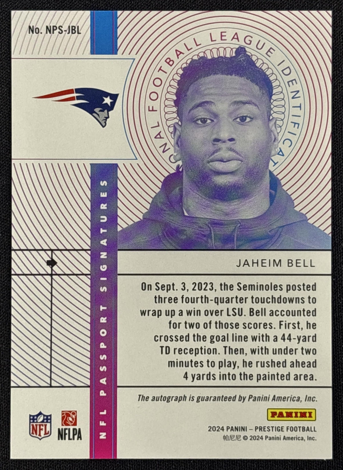 Jaheim Bell 2024 Panini Prestige NFL Passport Signatures Patriots