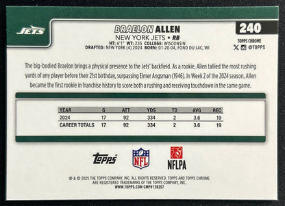 Braelon Allen 2025 Topps Chrome Jets Sports Trading Cards