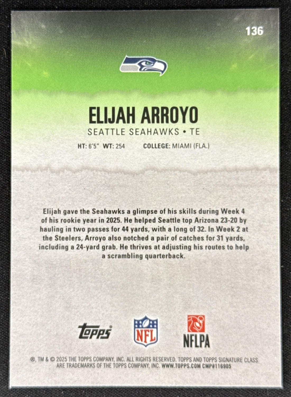 Elijah Arroyo 2025 Topps Signature Class Chrome Rookie Seahawks Sports Trading Card