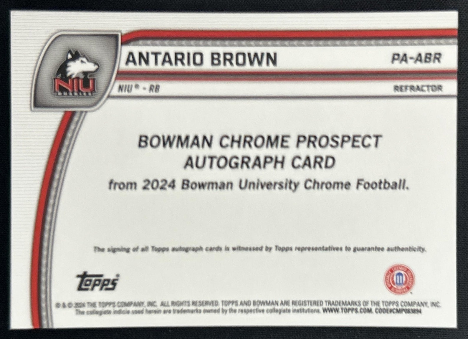 Antario Brown 2024 Bowman Chrome University Prospect Auto Refractor /299 back